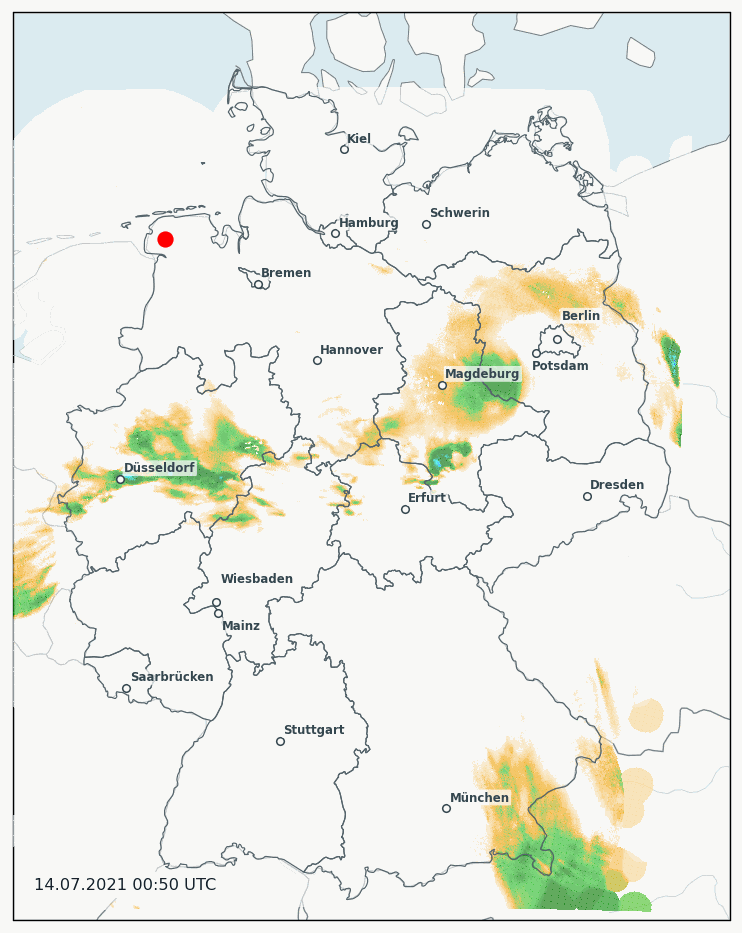 Animierte RADOLAN-Wetterradar-Darstellung eines Niederschlagsereignisses über Deutschland